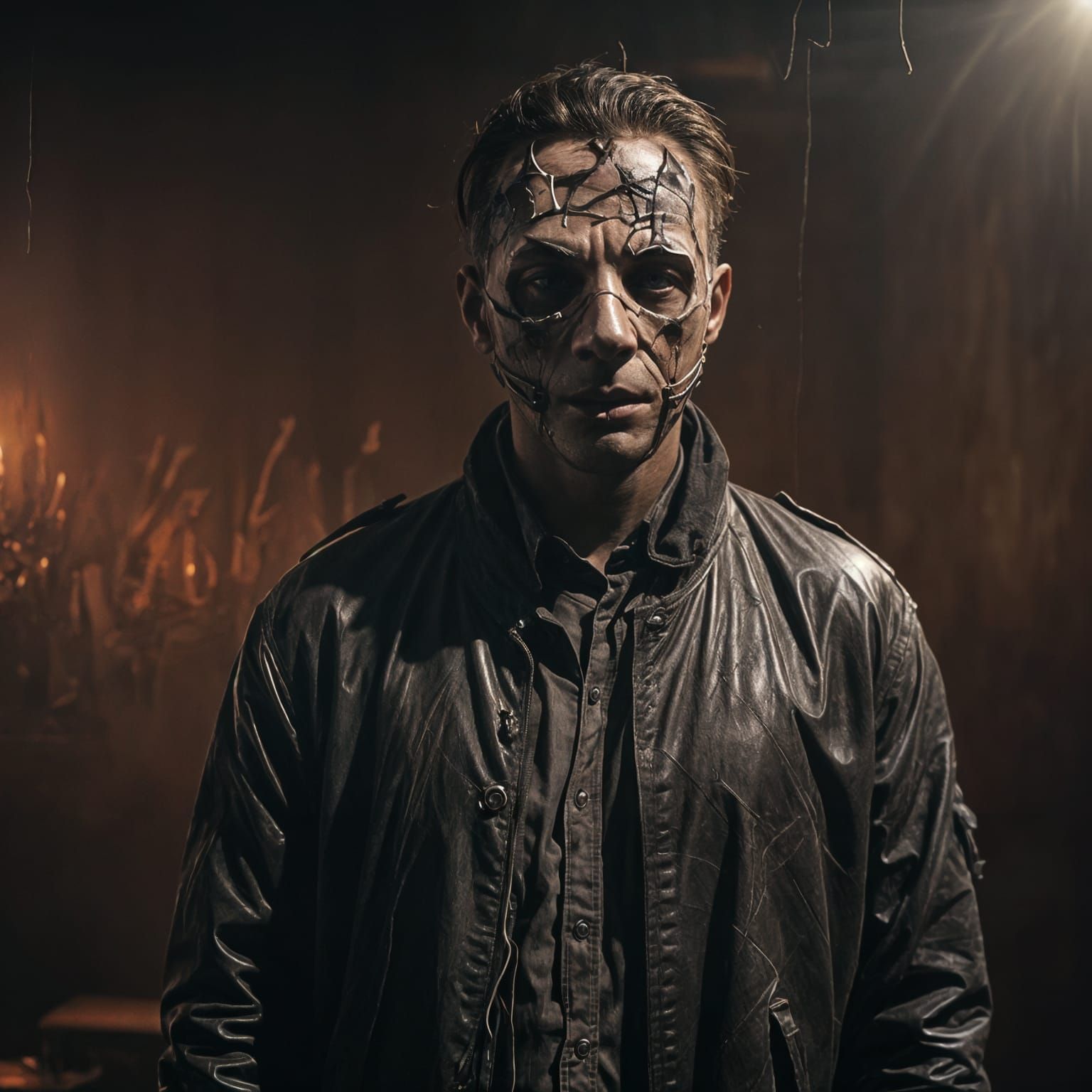 Towering Figure in Mask of Faces: Cinematic Film Still