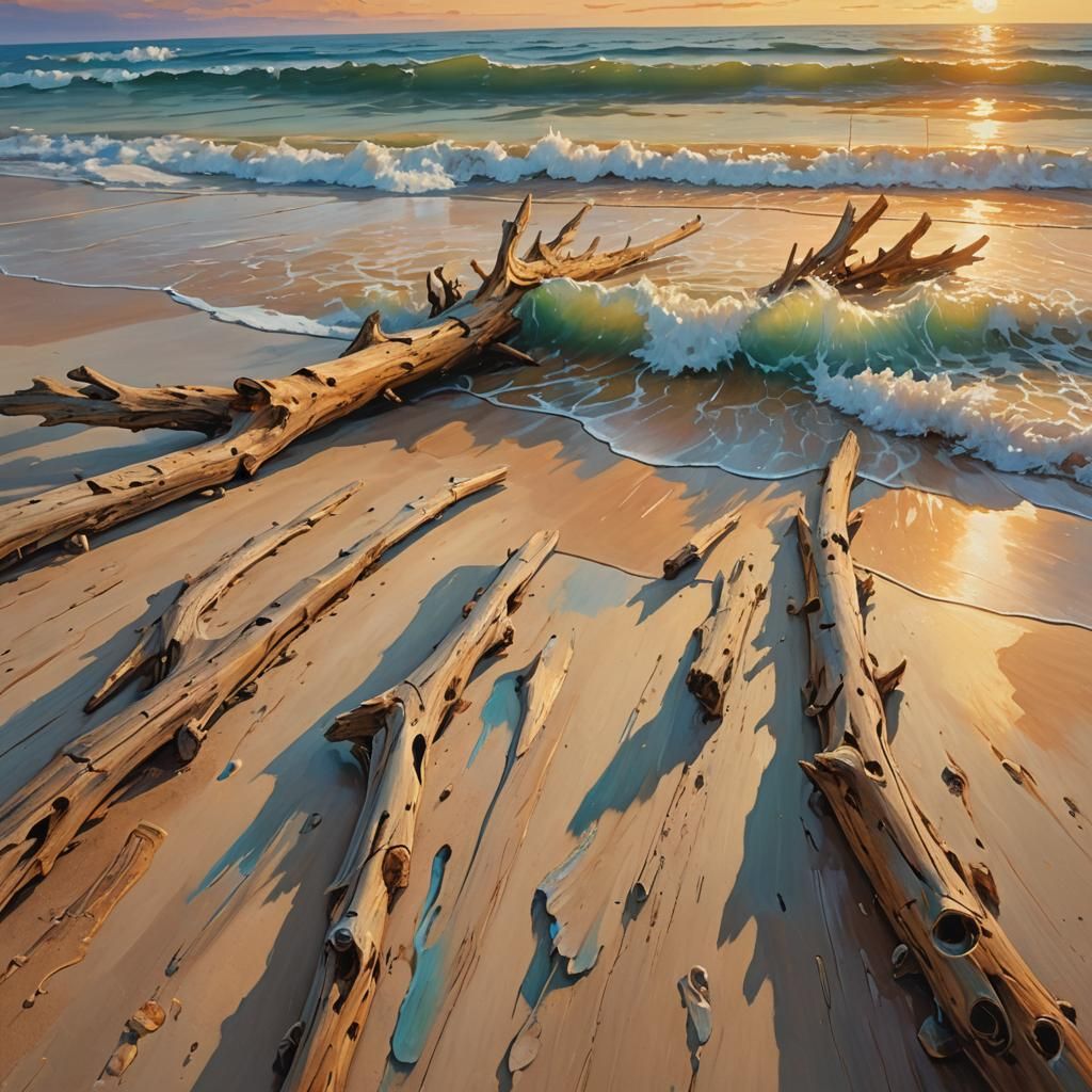 Beachscape with Driftwood as Oil Painting