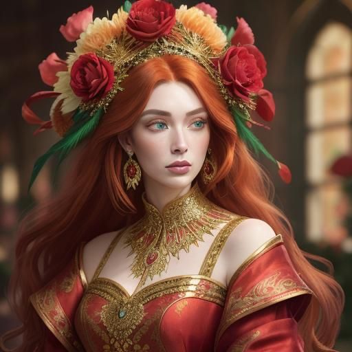Fiery Redhead with Roses and Peacock Feathers