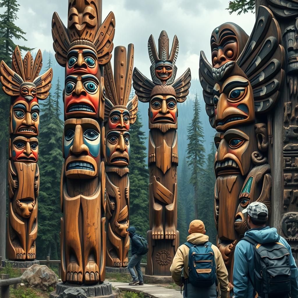 Hikers Admire Intricate Totem Poles with Forest Relief