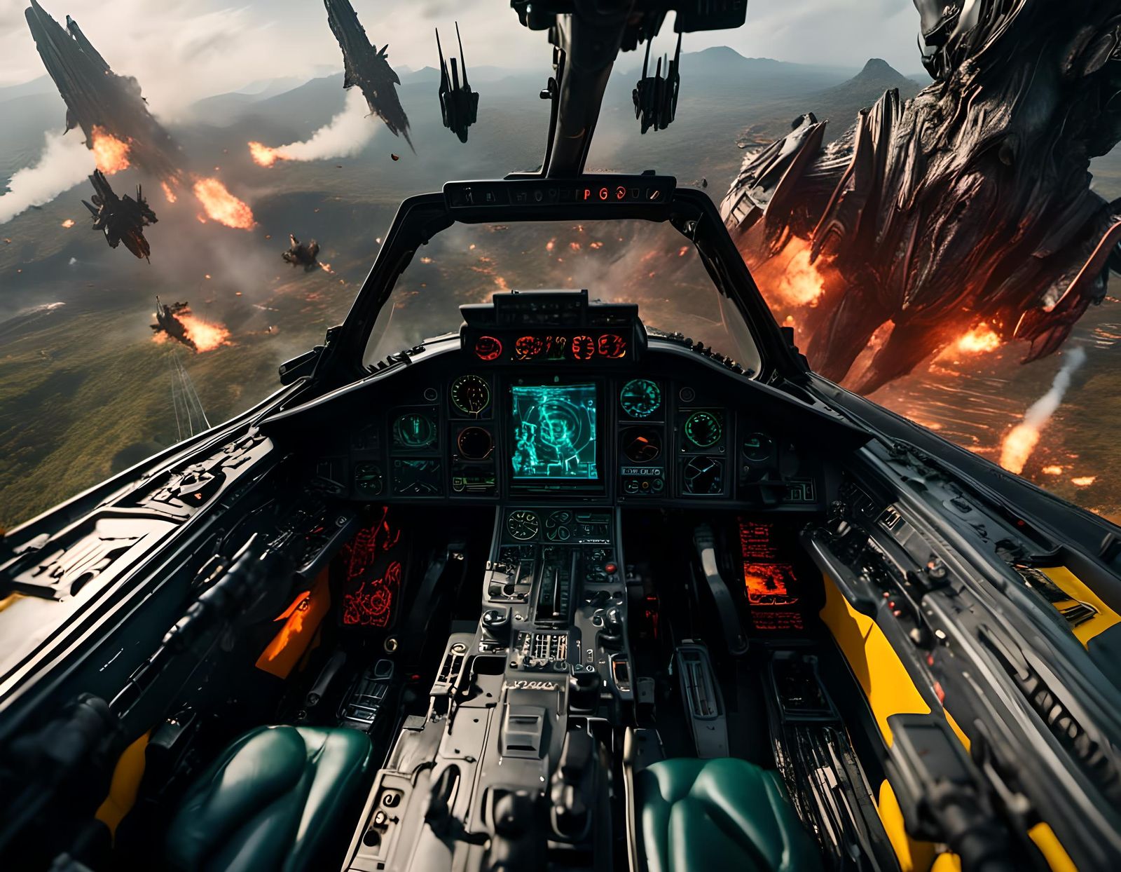 Futuristic Aerial Battle from Cockpit View in Sci-Fi Style