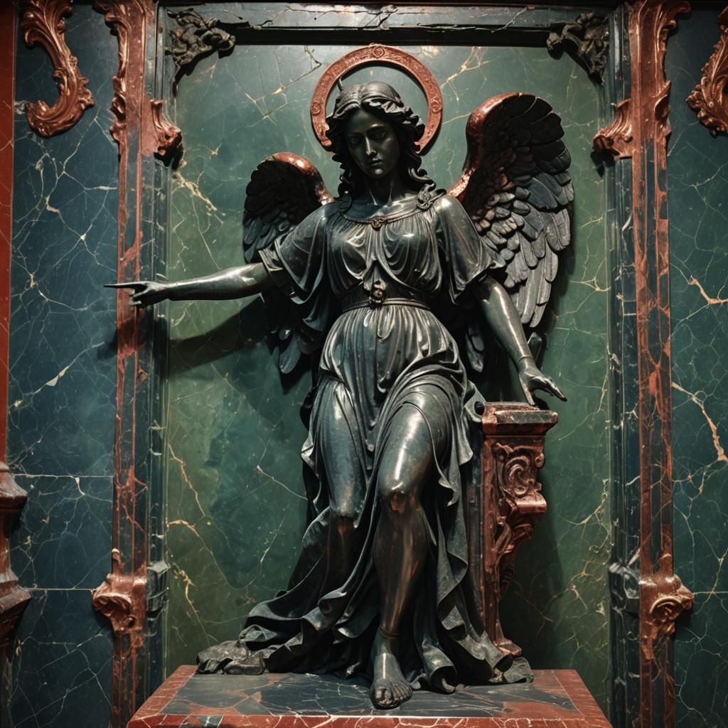 black obsidian sculpture of angel pointing up while looking ...