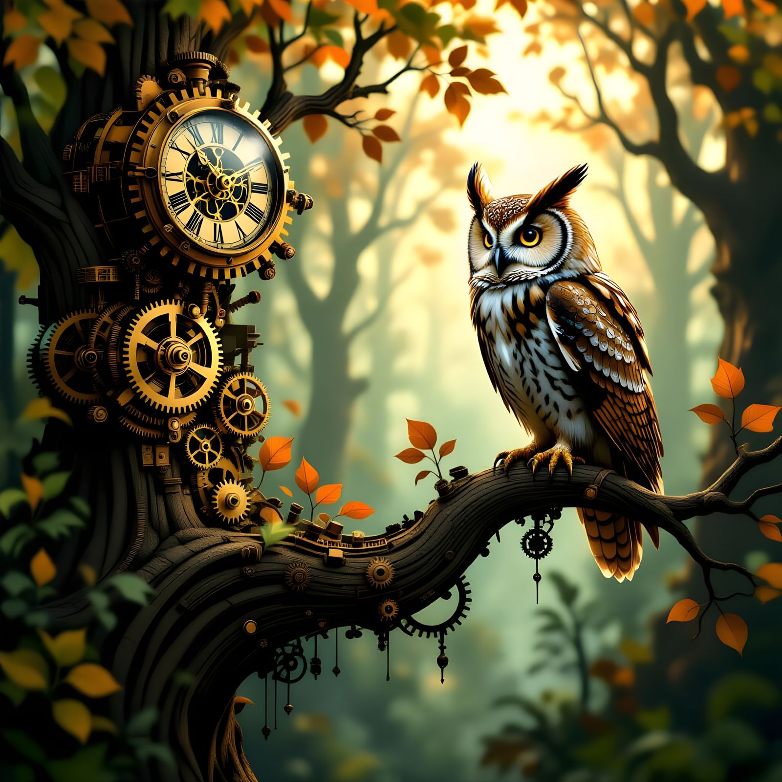 Clockwork Forest with Mechanical Owl in Steampunk Style