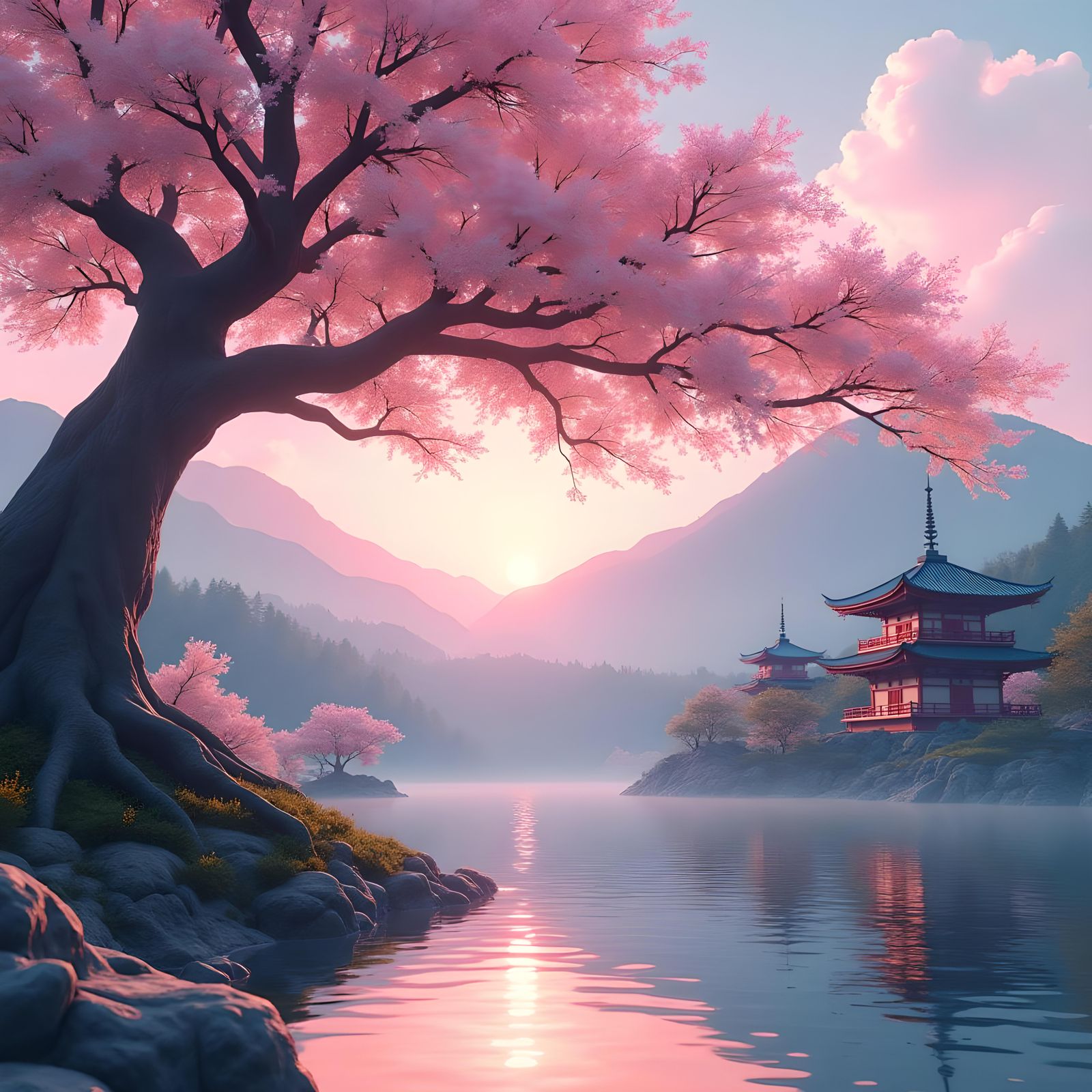 Sakura Tree by Lake: 3D Anime Art