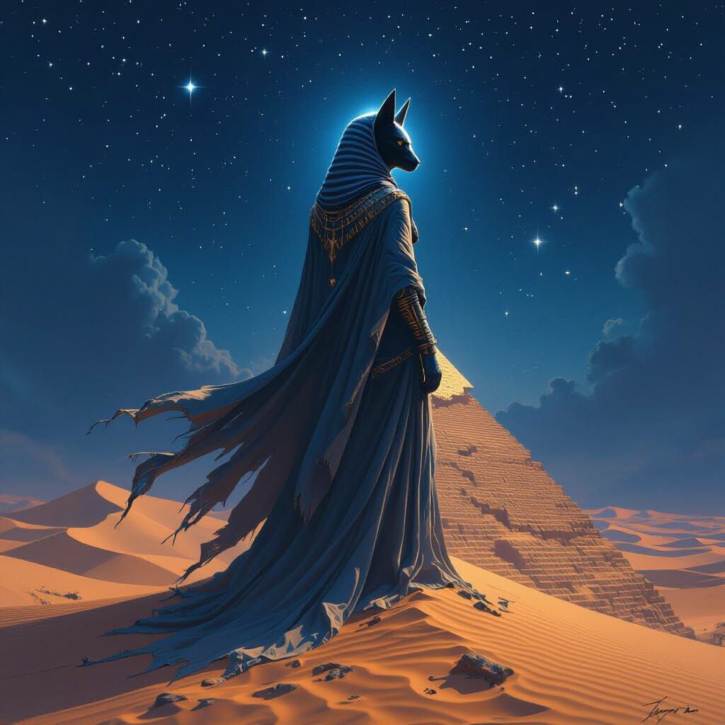 Spectral Sphinx on Desert Pyramid in Fantasy Art Style