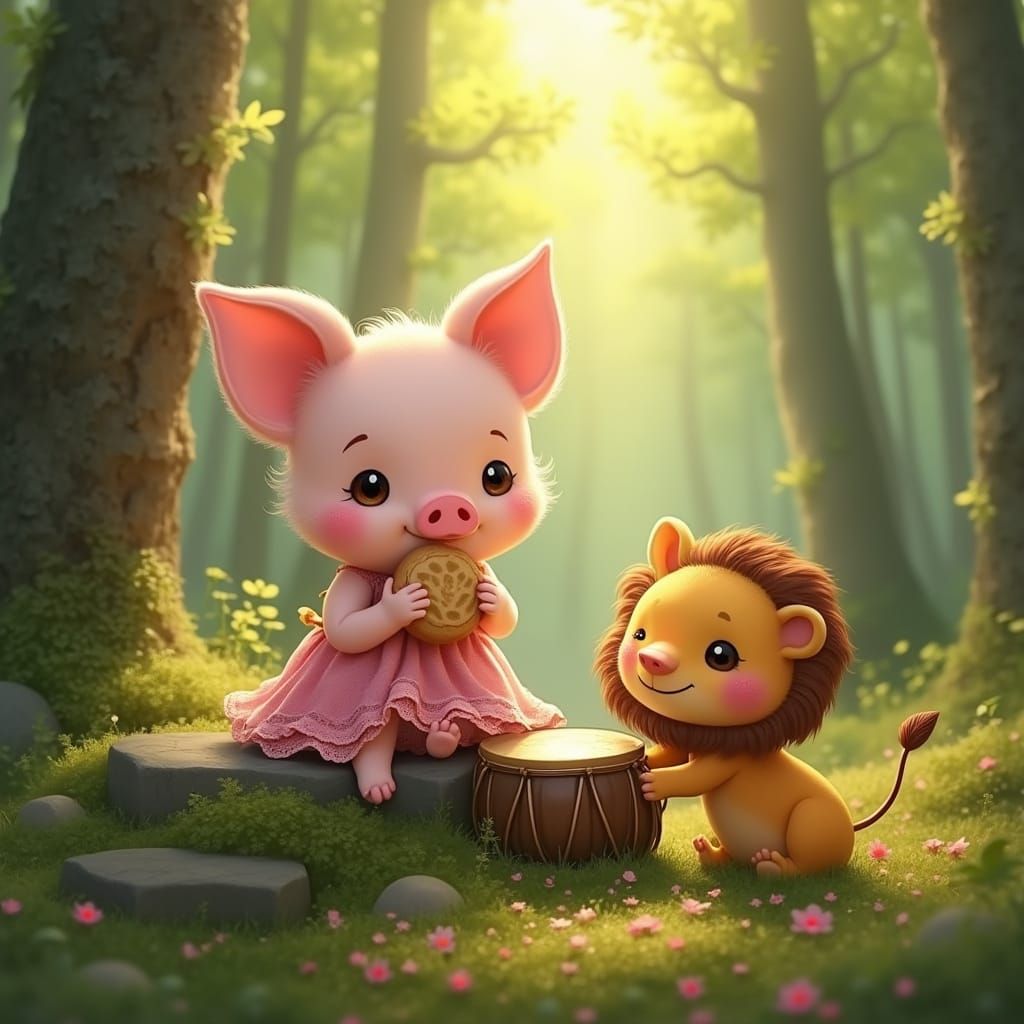 Whimsical Summer Forest Scene with Pig and Lion