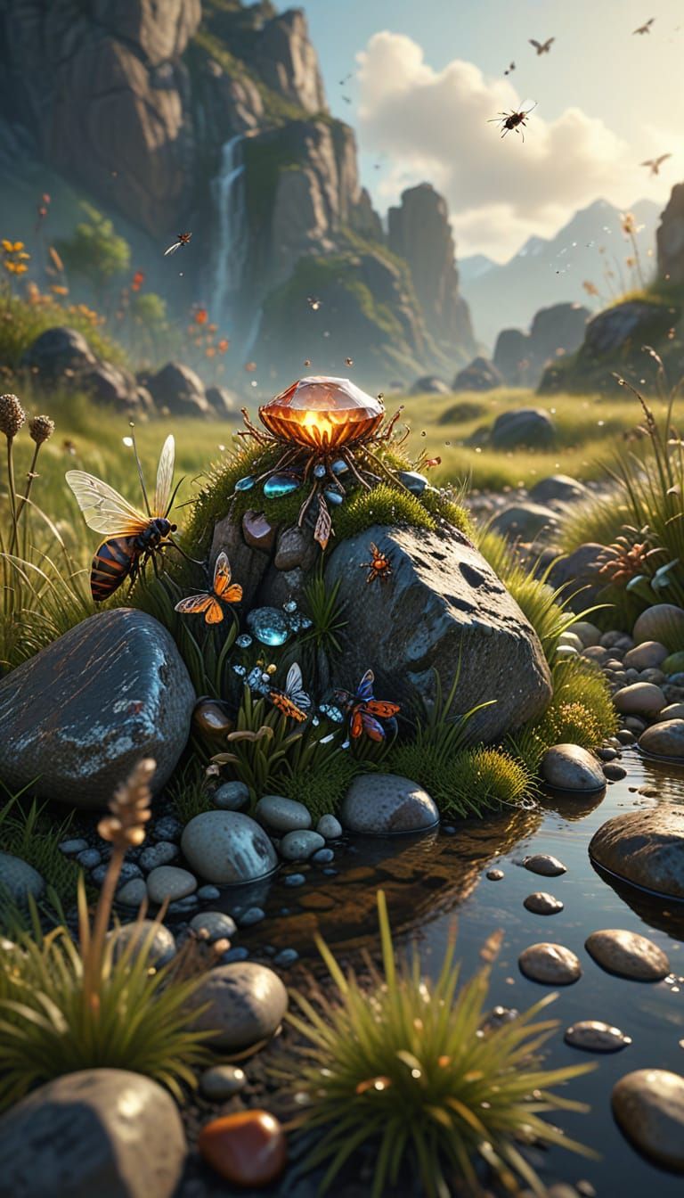 Fantasy Landscape with Miniature Wizards in Golden Light