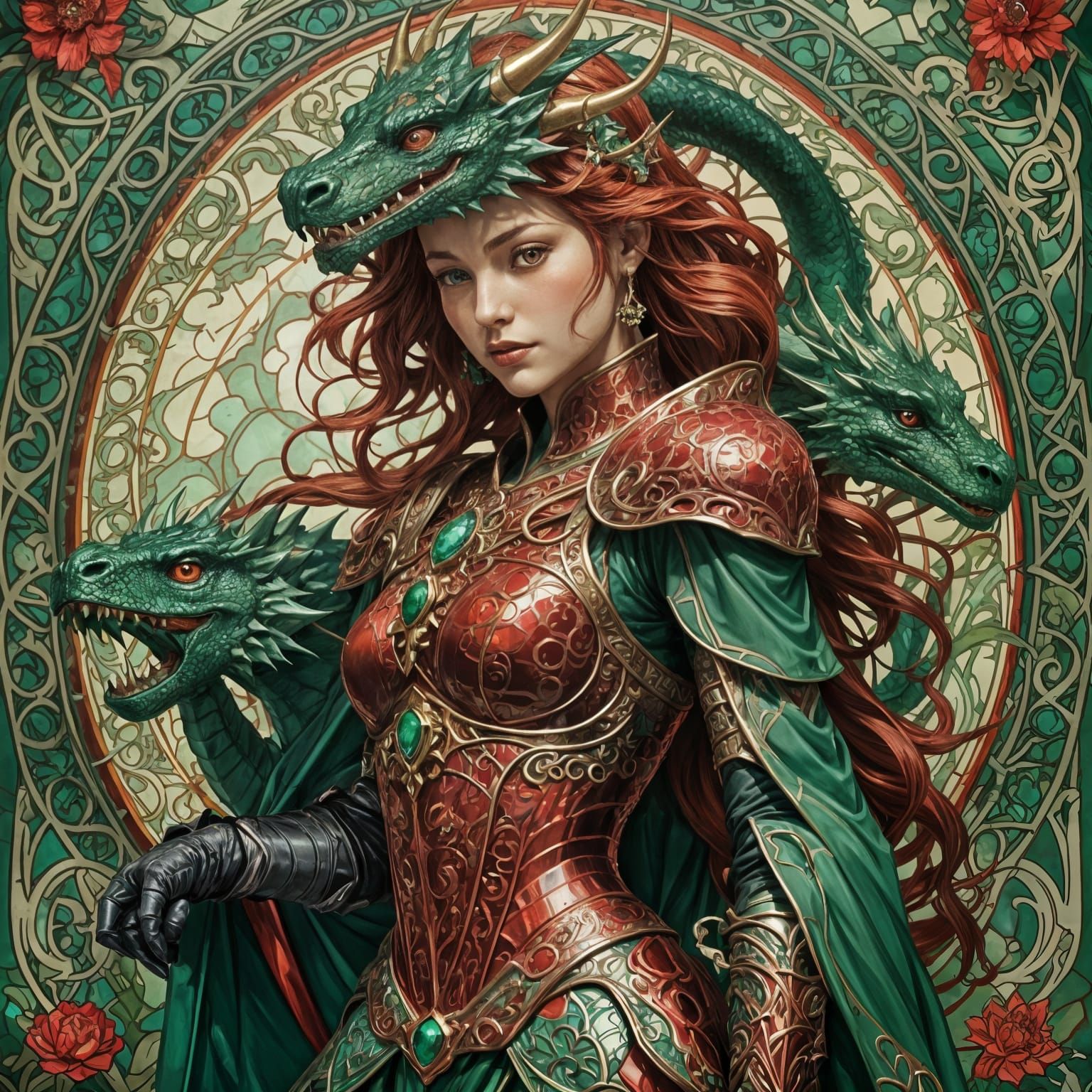 Ruby Knight on Emerald Dragon: Artgerm and Mucha Style