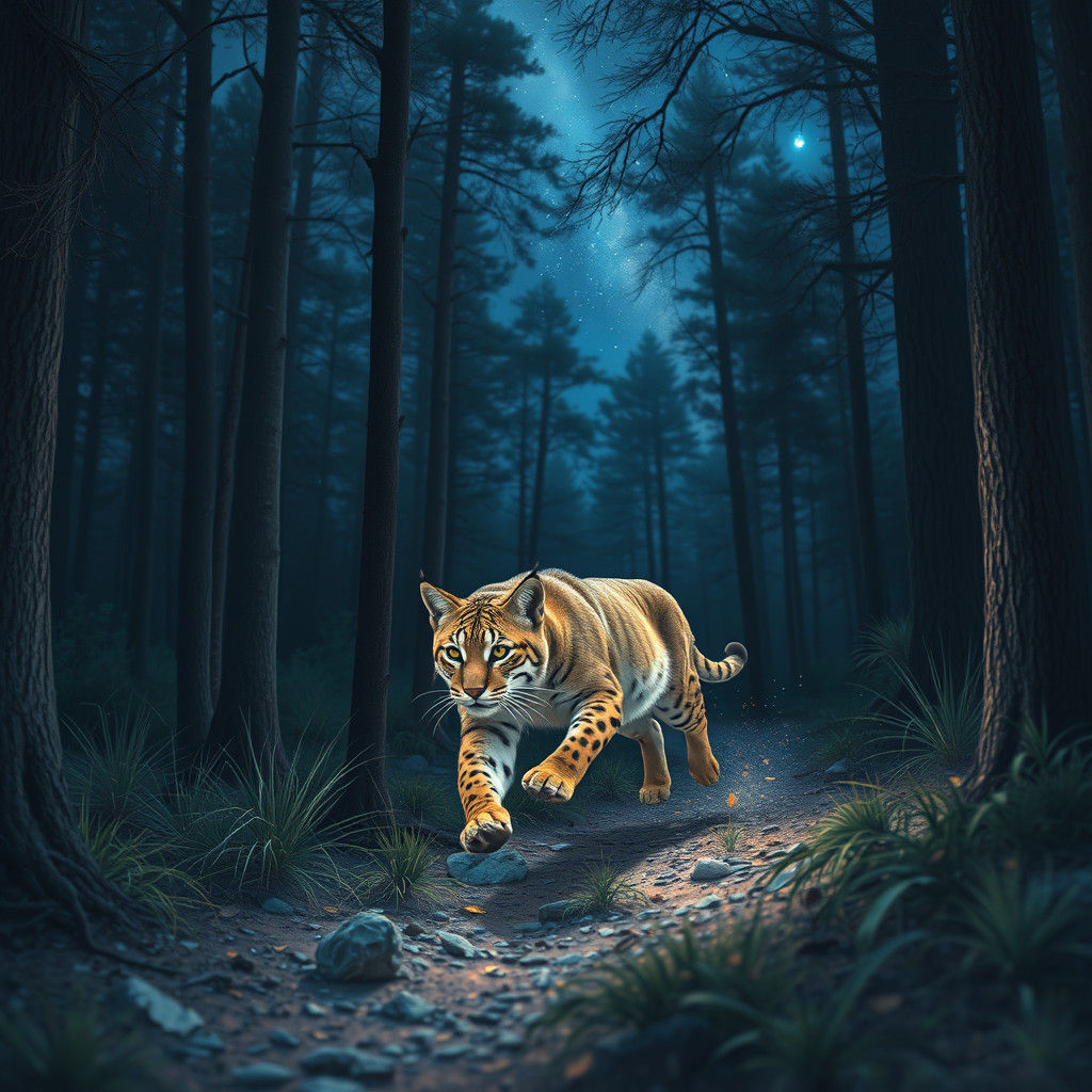 Bobcat Runs Through Forest at Night: Astral Illustration