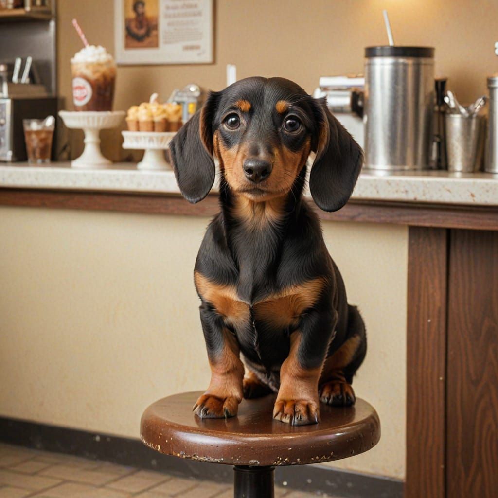 Dachshund Puppy at Soda Fountain in Rockwell Style