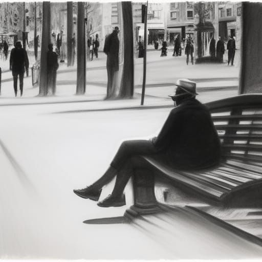 Lonely Figure in City, Charcoal Drawing Style