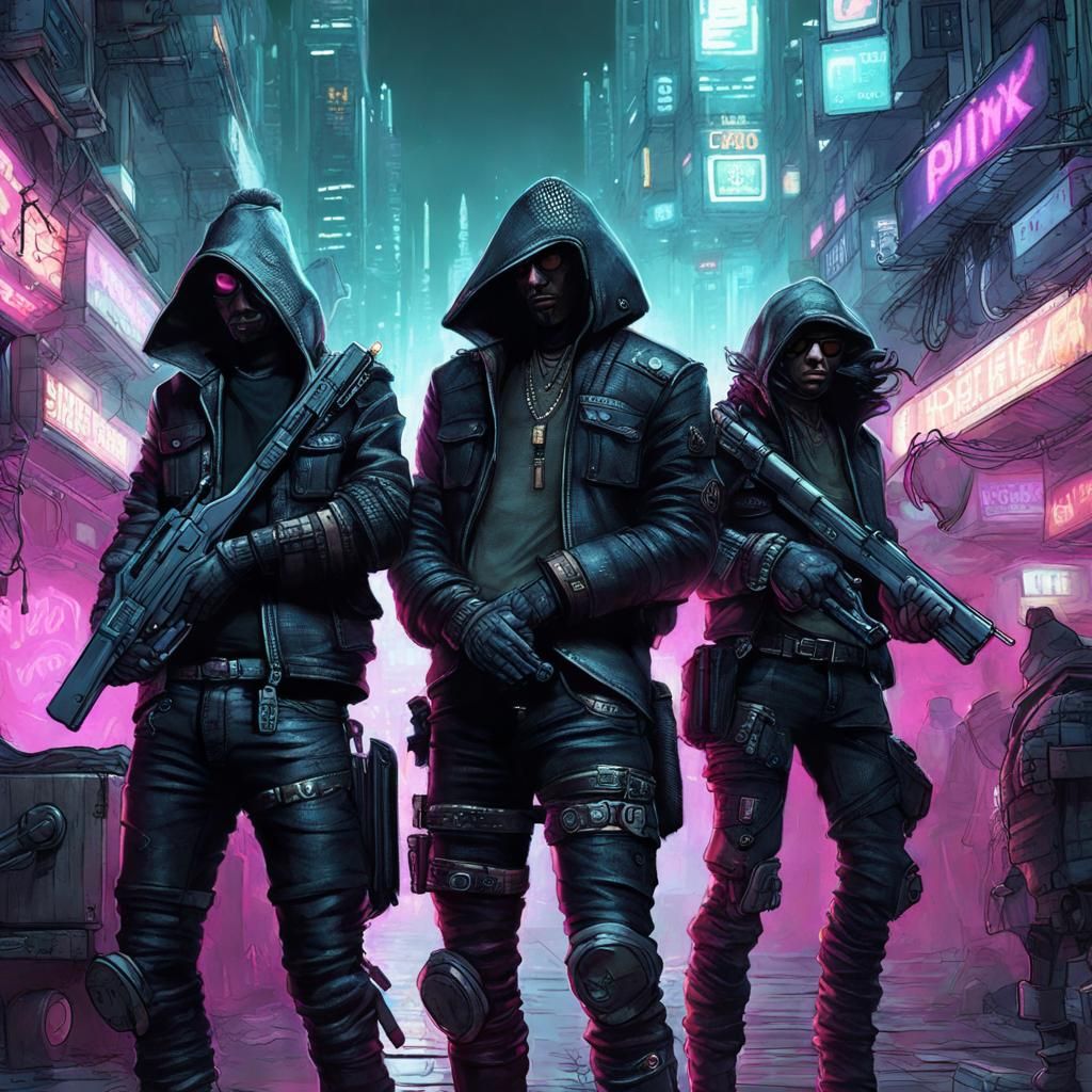 Cyberpunk Musketeers in Dystopian Cityscape