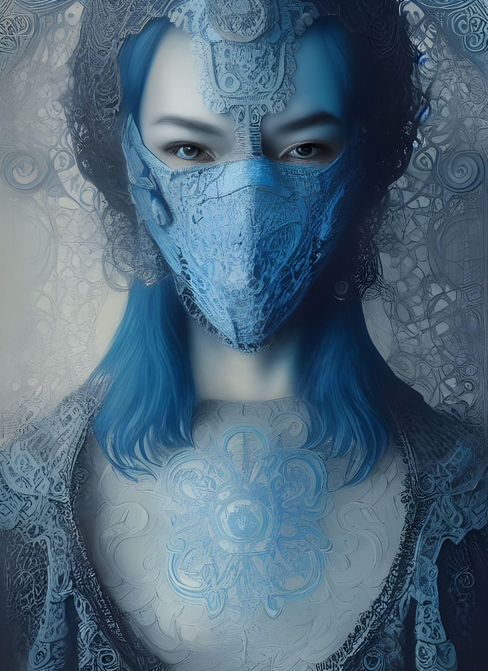 Enigmatic Blue Mask Woman in Detailed Fantasy Art