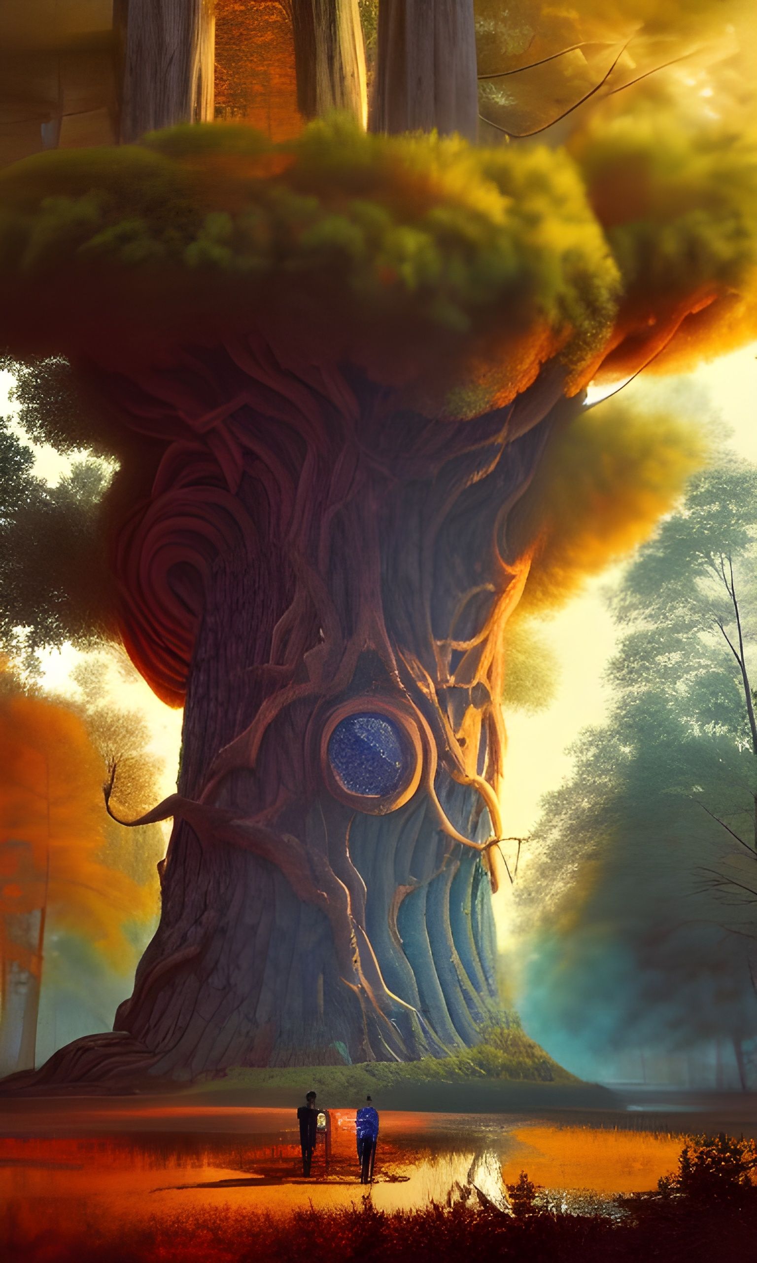 Living Oak in Autumn Forest, a Detailed Painting