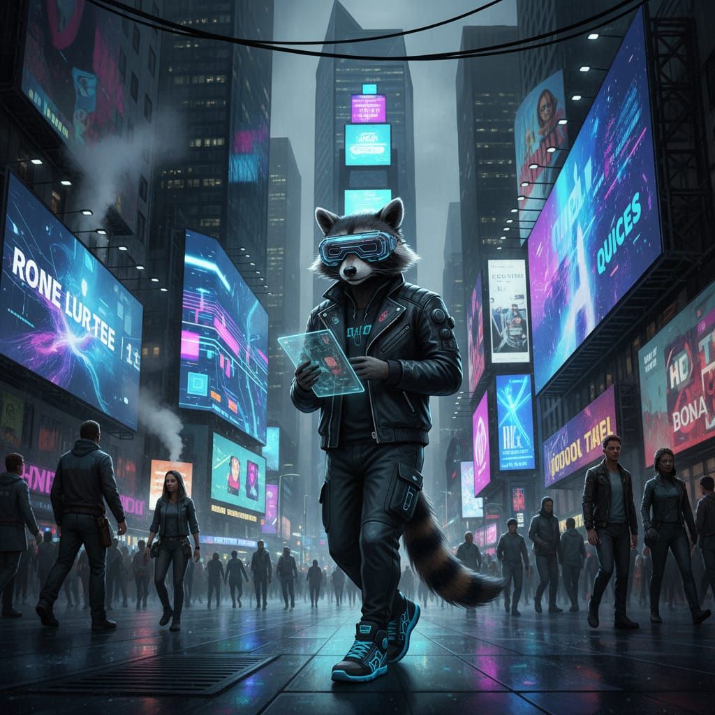 raccoon wearing augmented reality googles waling down a cybe...