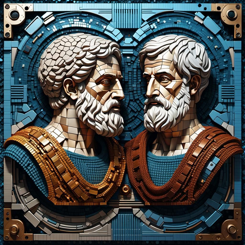 Mechanical Mosaic of Plato and Aristotle in Sci-Fi Style