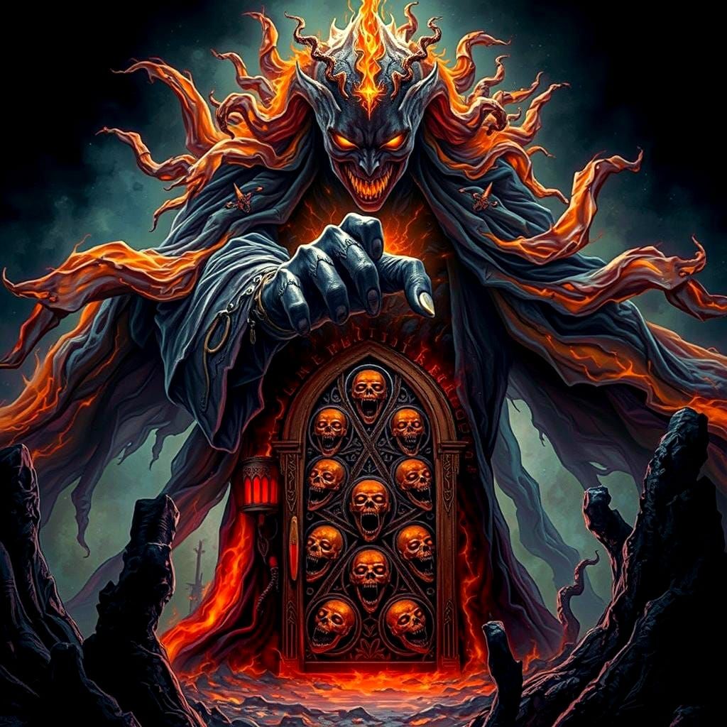 Colossal Flaming Entity at Grotesque Doorway
