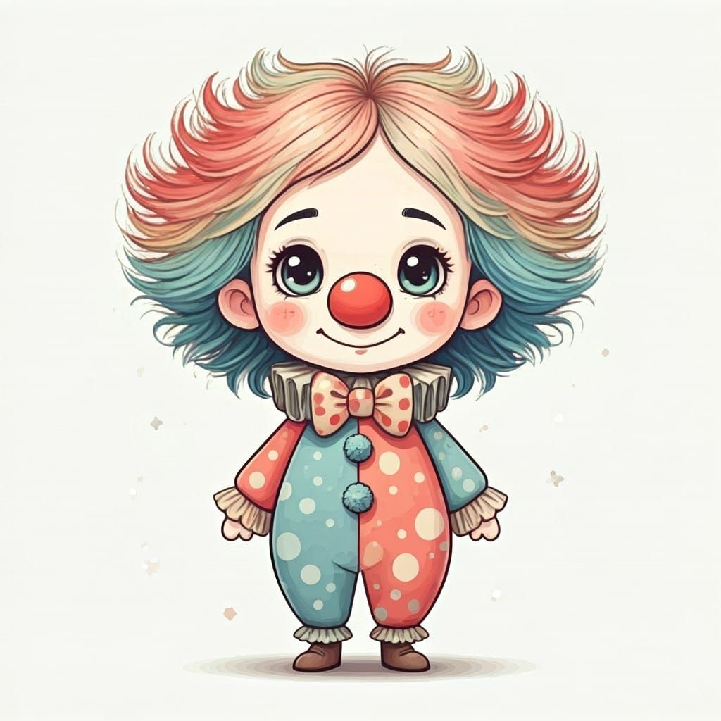 Whimsical Cartoon Clown with Rainbow Hair and Polka Dots