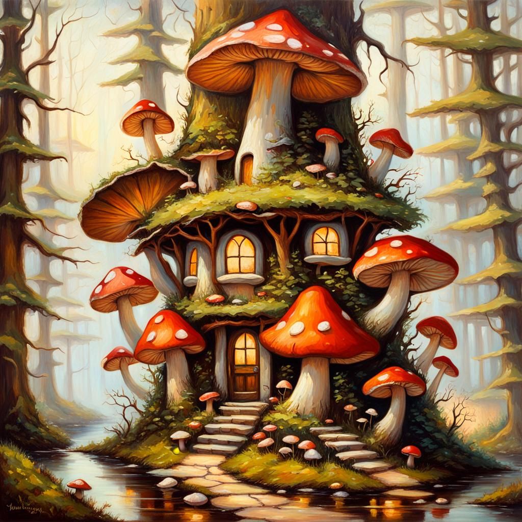Mushroom Fairy House in Forest, Christmas Oil Painting