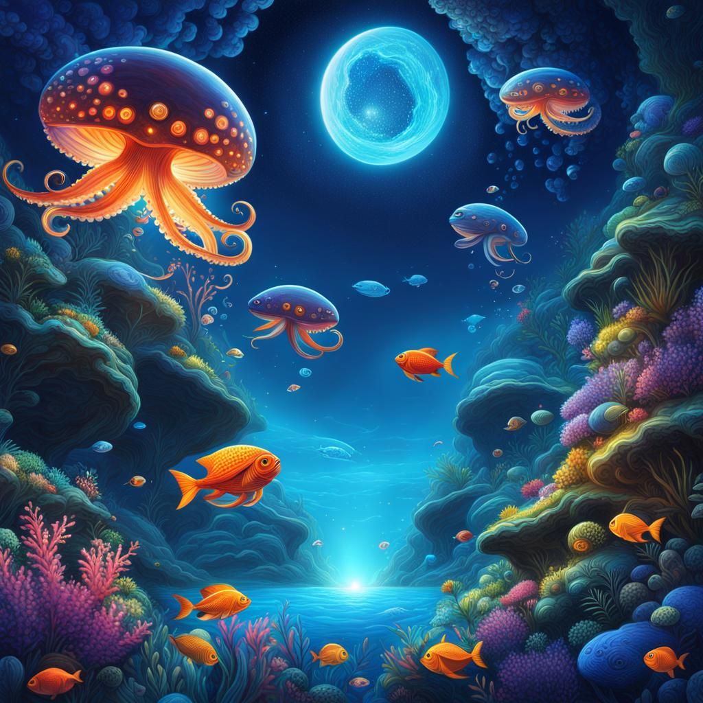 Underwater Octopus in Astral Night Landscape