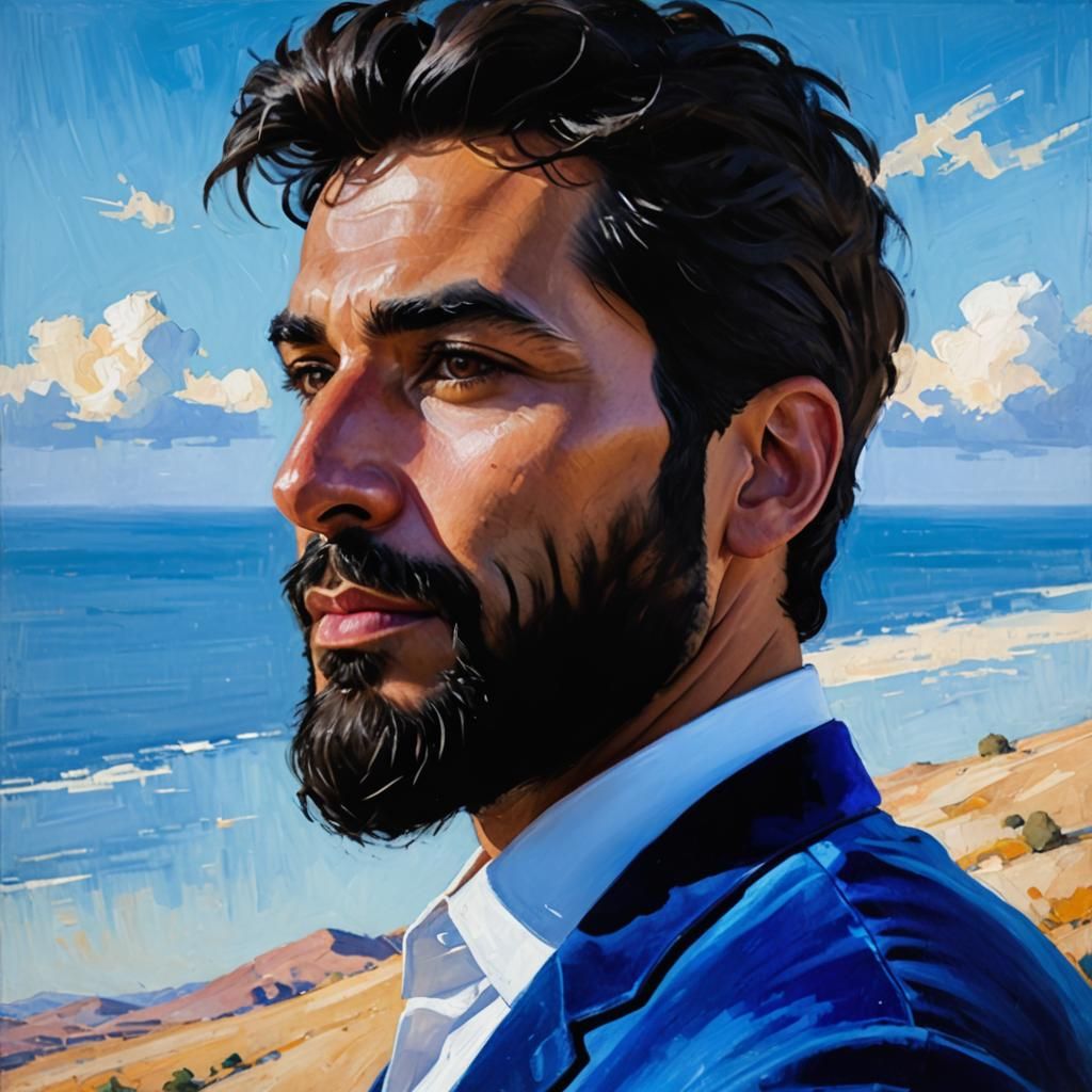 Arab Man in Blue Velvet Suit, Impasto Oil Painting