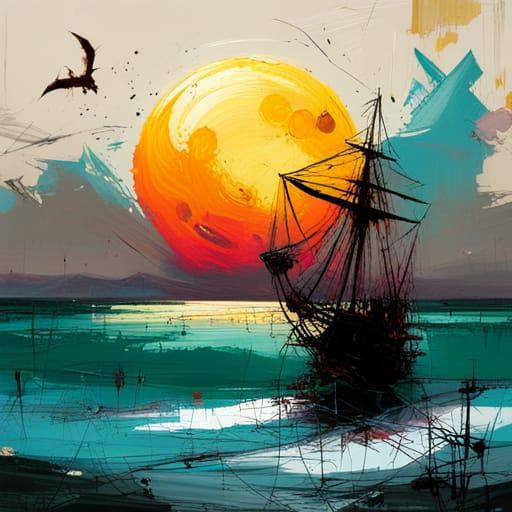 Sailing Ship Silhouetted Against Glowing Moon