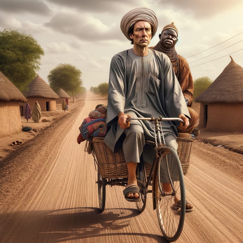Man in Hausa Attire Cycles with Woman in Rural Nigeria