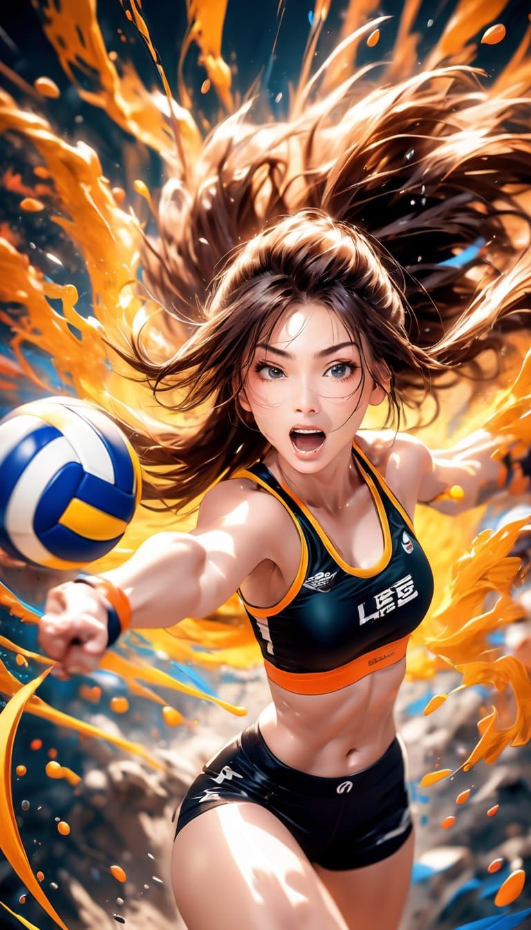A dynamic Volleyball scene with Hitomi from the "Dead or Ali...