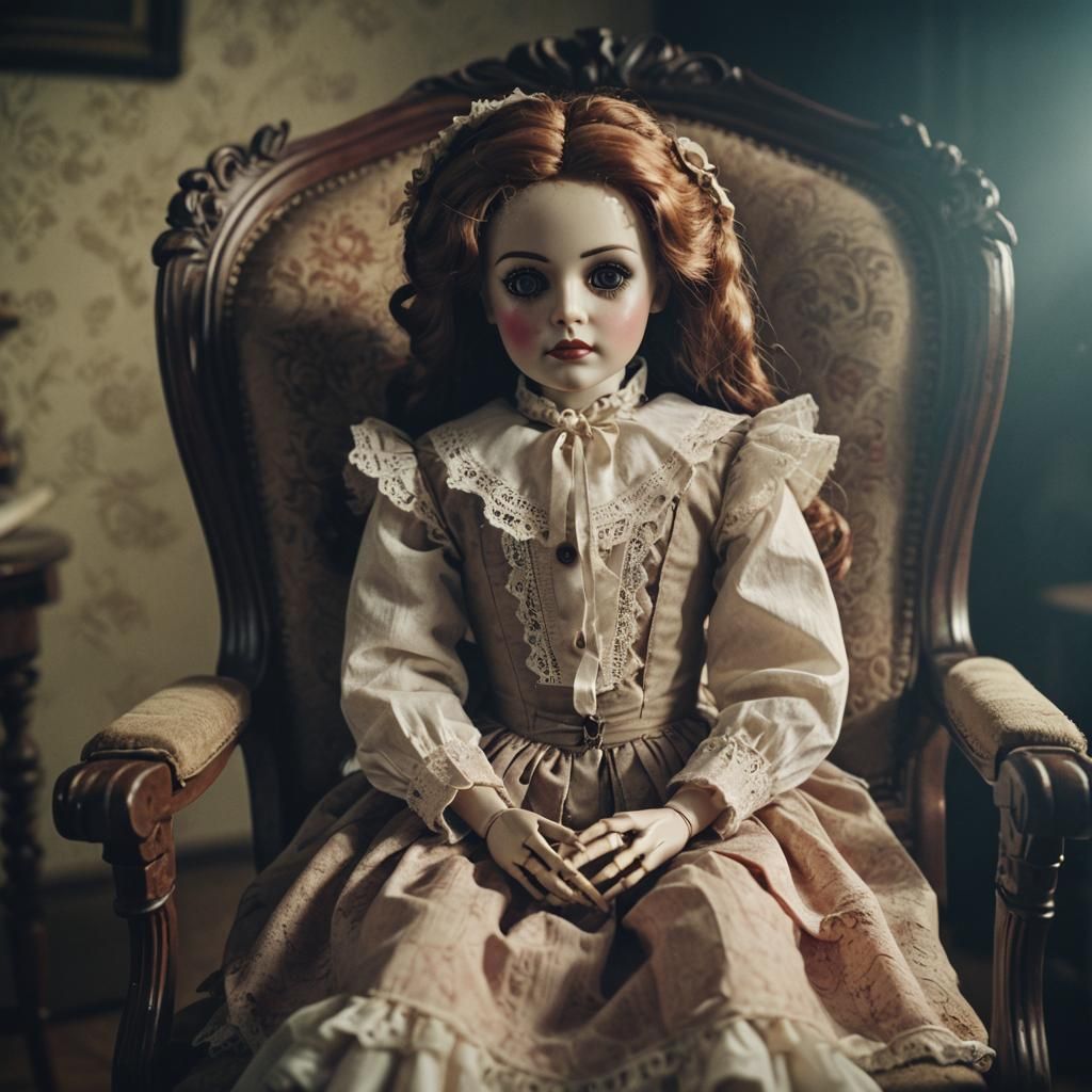 Victorian Doll in Chair: Cinematic Film Still