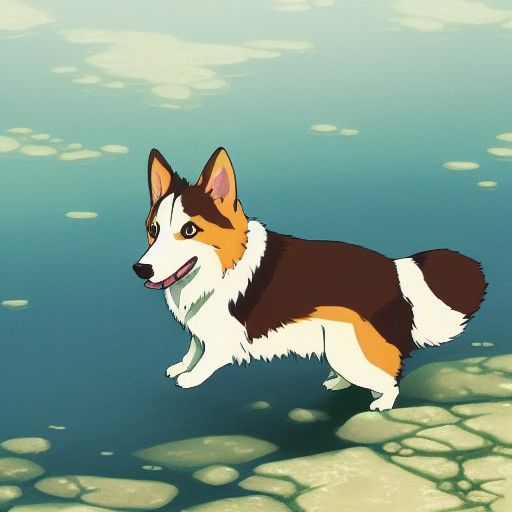 Anime Corgi Water Bender in Ghibli Style