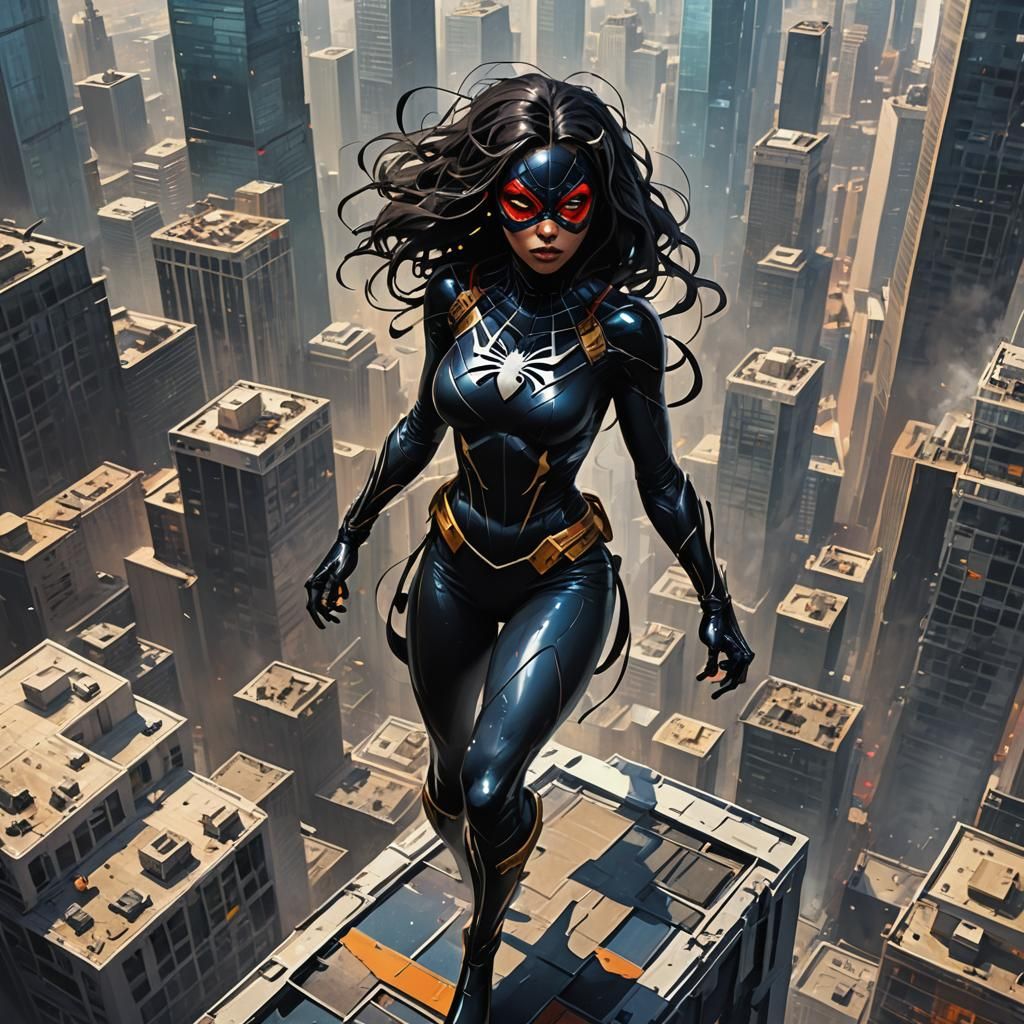 Spider-Woman on Skyscraper Rooftop in Vivid Colors