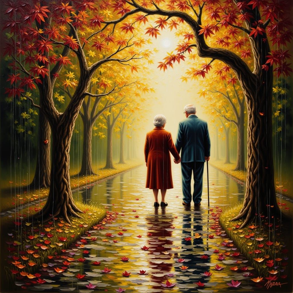 Elderly Couple in Forest Path as Impasto Painting