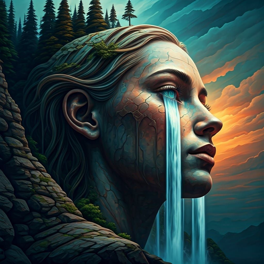 Hyperrealistic Stone Face with Waterfalls