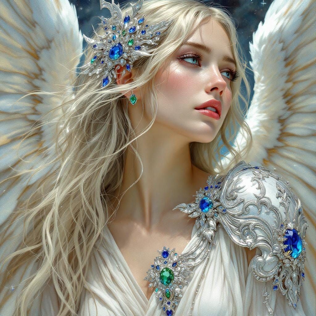Fantasy Angel with Sapphire and Emerald Jewels