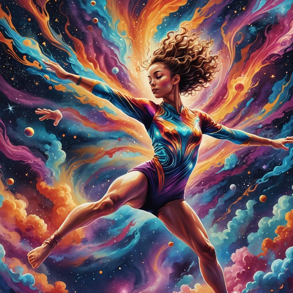 Cosmic Gymnast's Astral Leap: Surreal Illustration