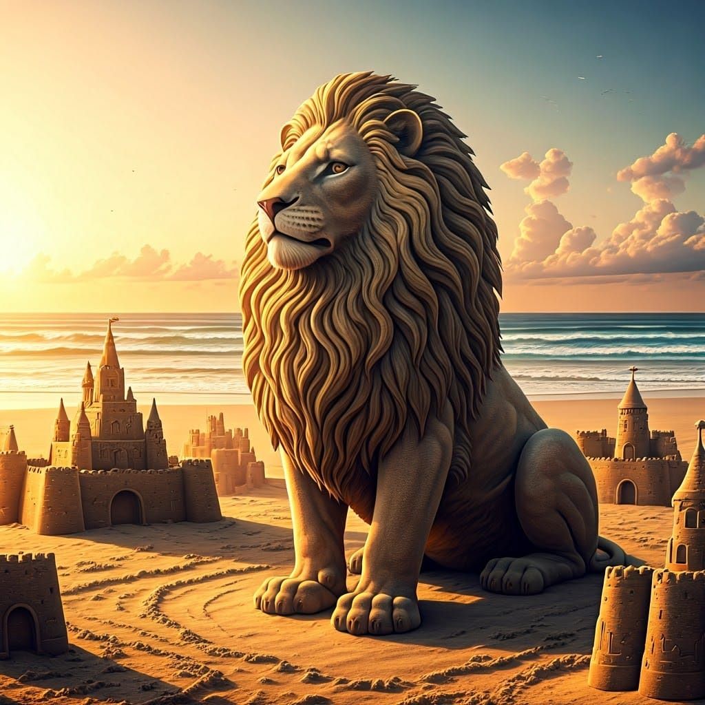 Golden Sand Lion Sculpture on a Beach