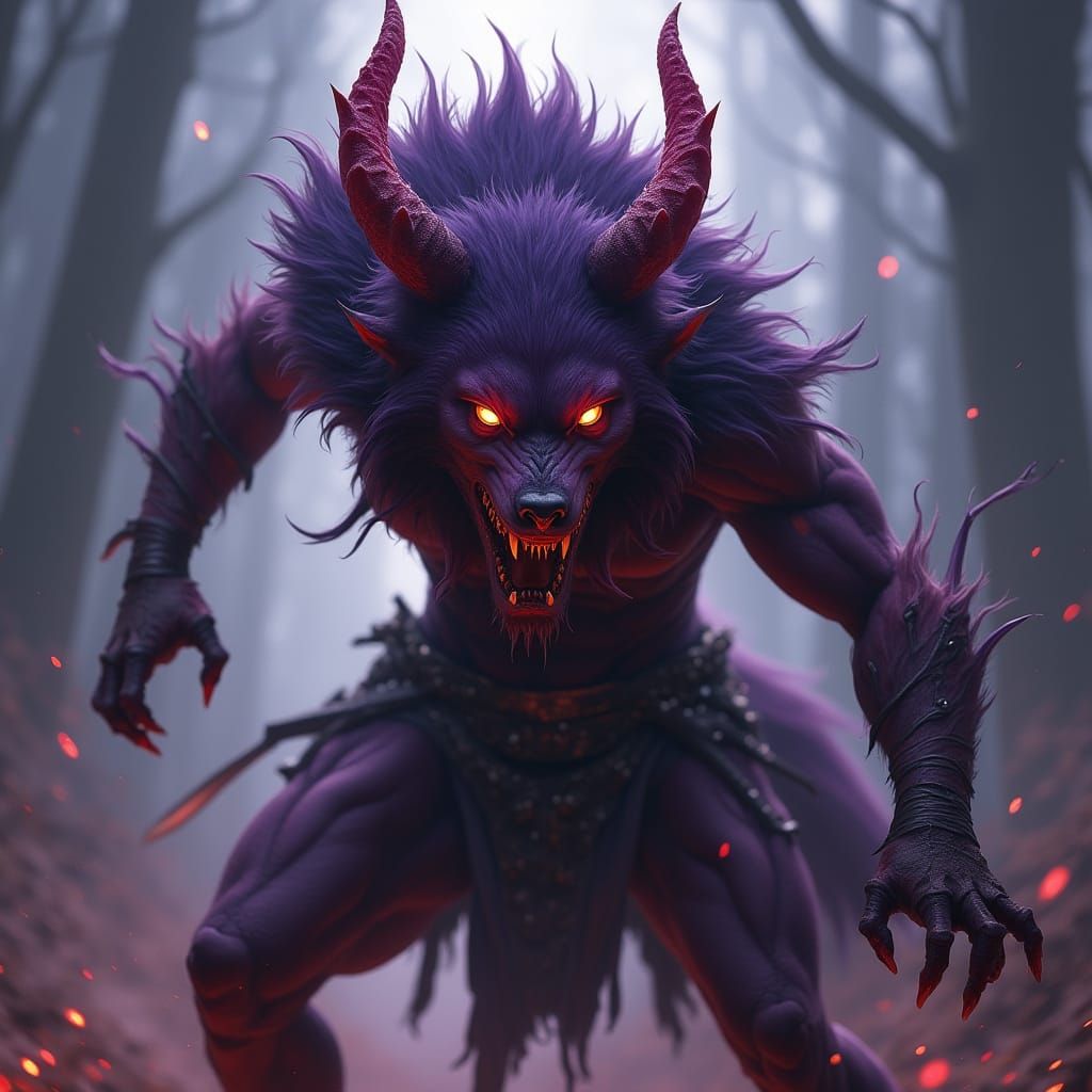Purple Demon Wolf Warrior in Rogue Attire, Fantasy Art