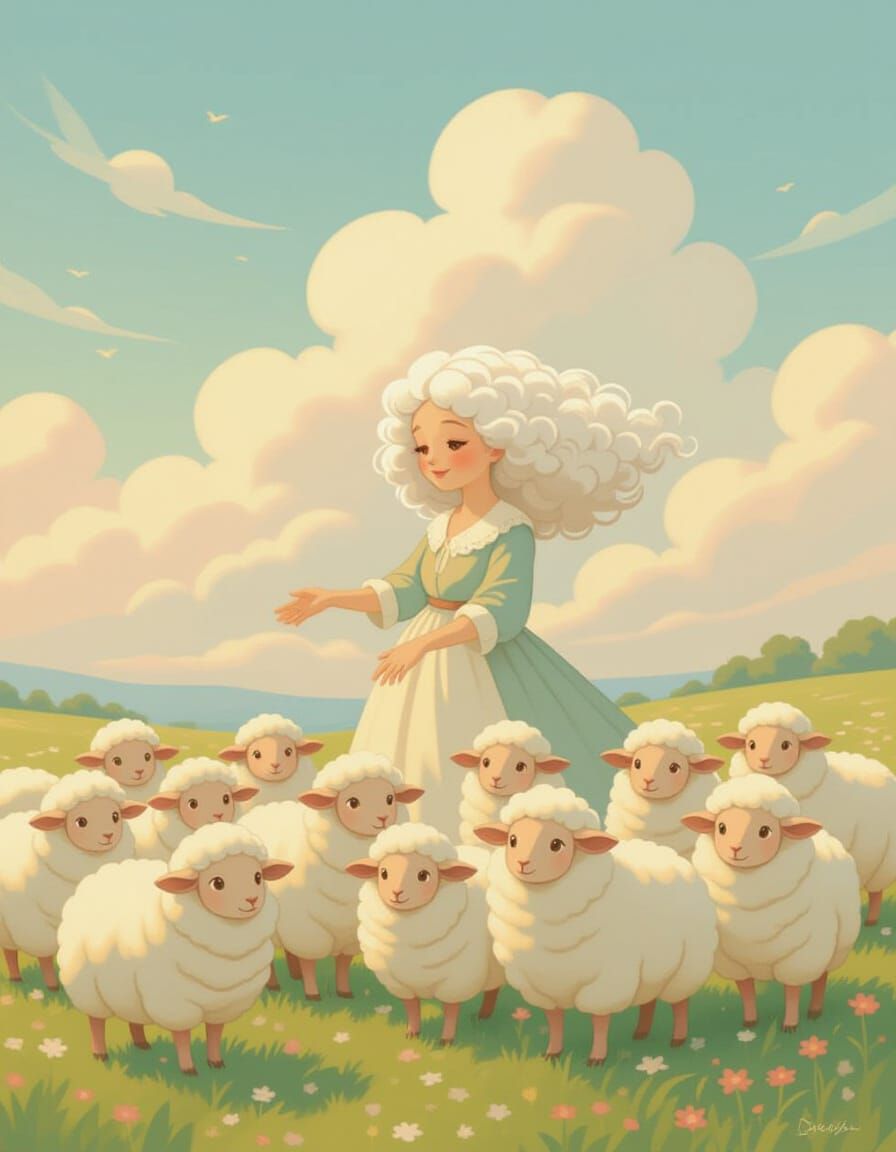 Cloud Shepherd Guides Sheep Across Pastel Sky