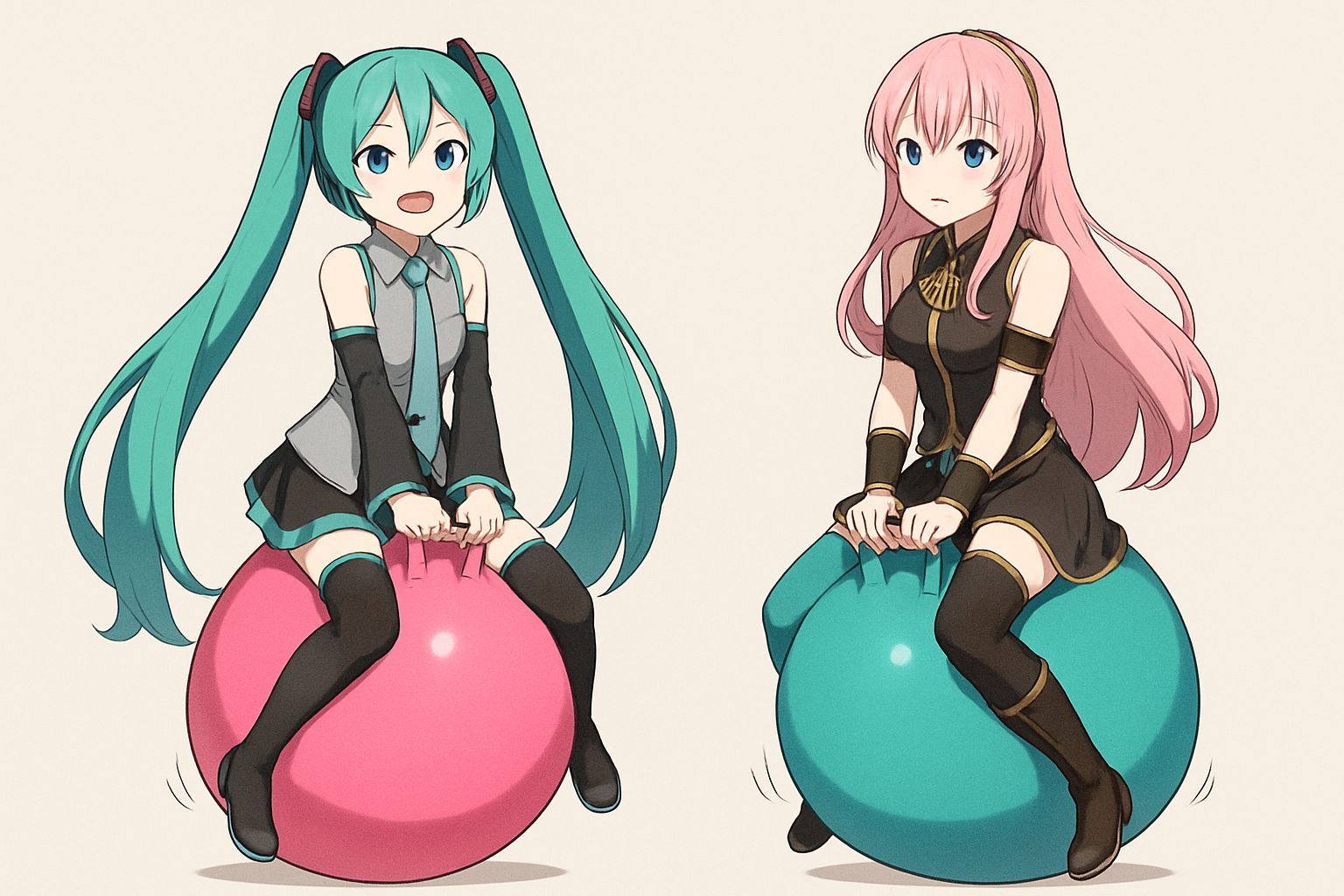 Hatsune Miku and Luka Bounce on Giant Hopper Balls