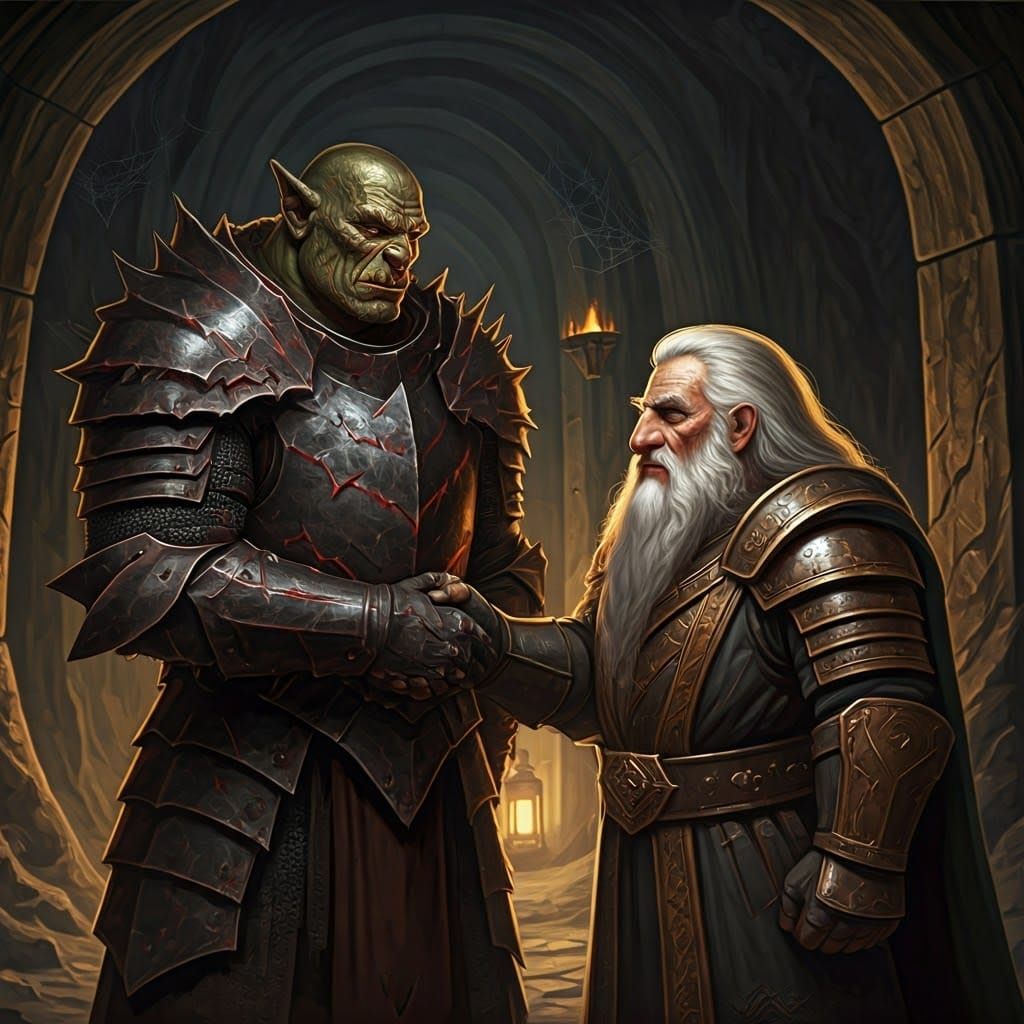 Orc and Dwarf Truce in Moria, Fantasy Art