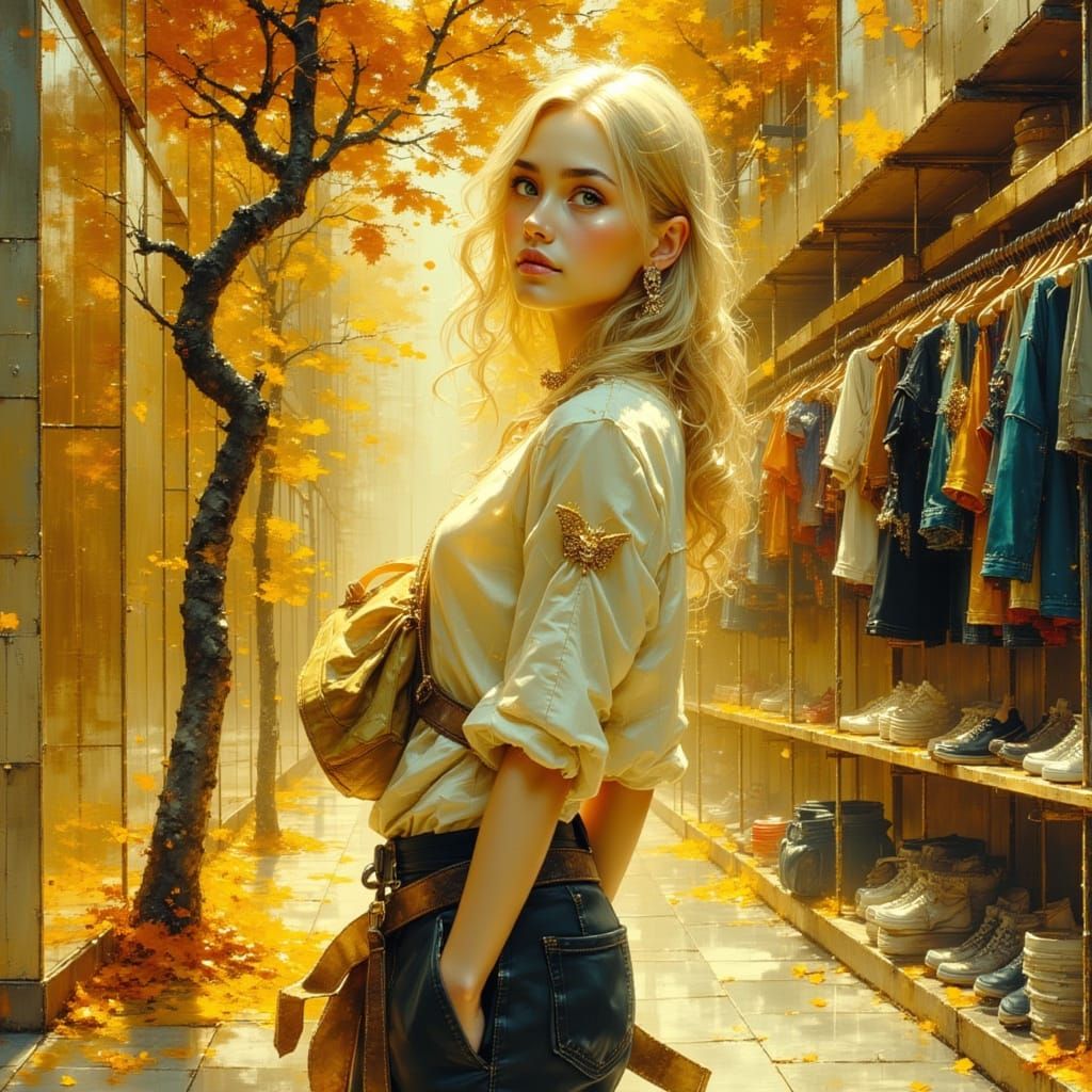 Elegant Blonde Woman in a Vibrant Clothing Store