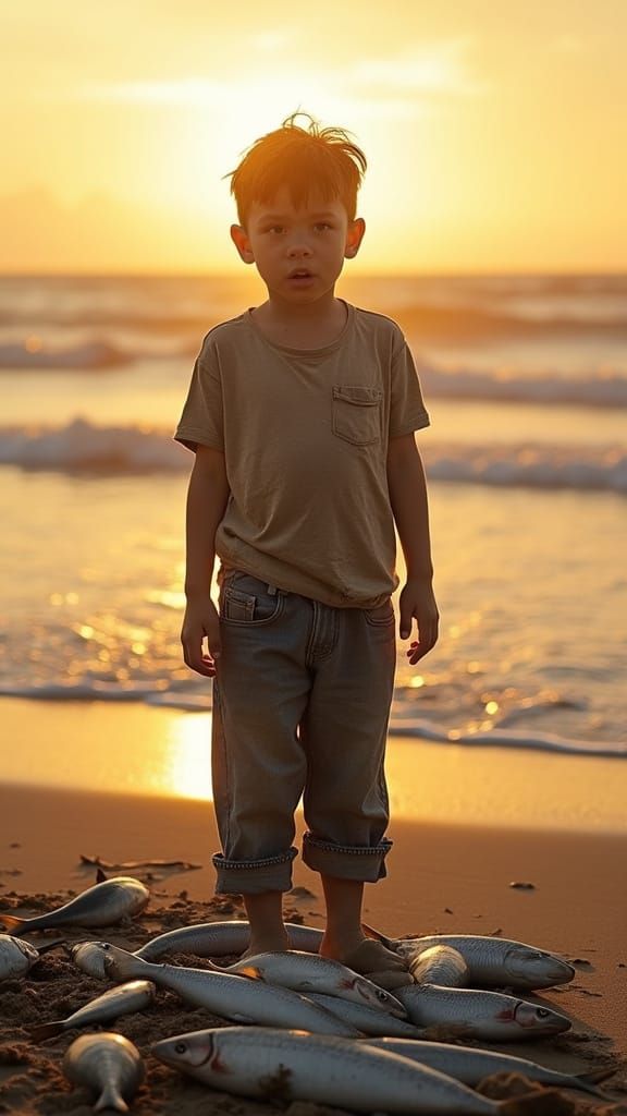 Young Boy Stunned on Sandy Beach at Sunrise