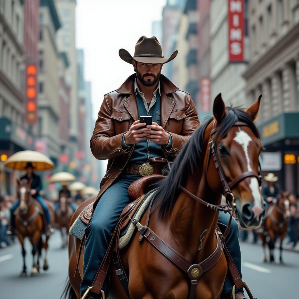 Cowboy Rides Through Future Cityscape