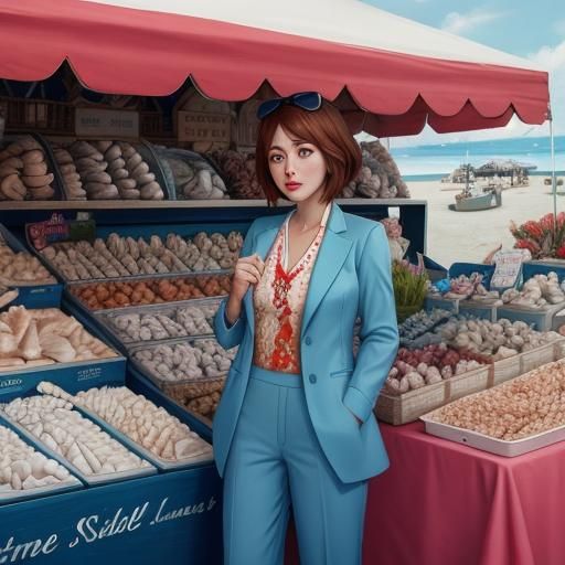 Seashell Vendor: Realistic Woman at Beach Market