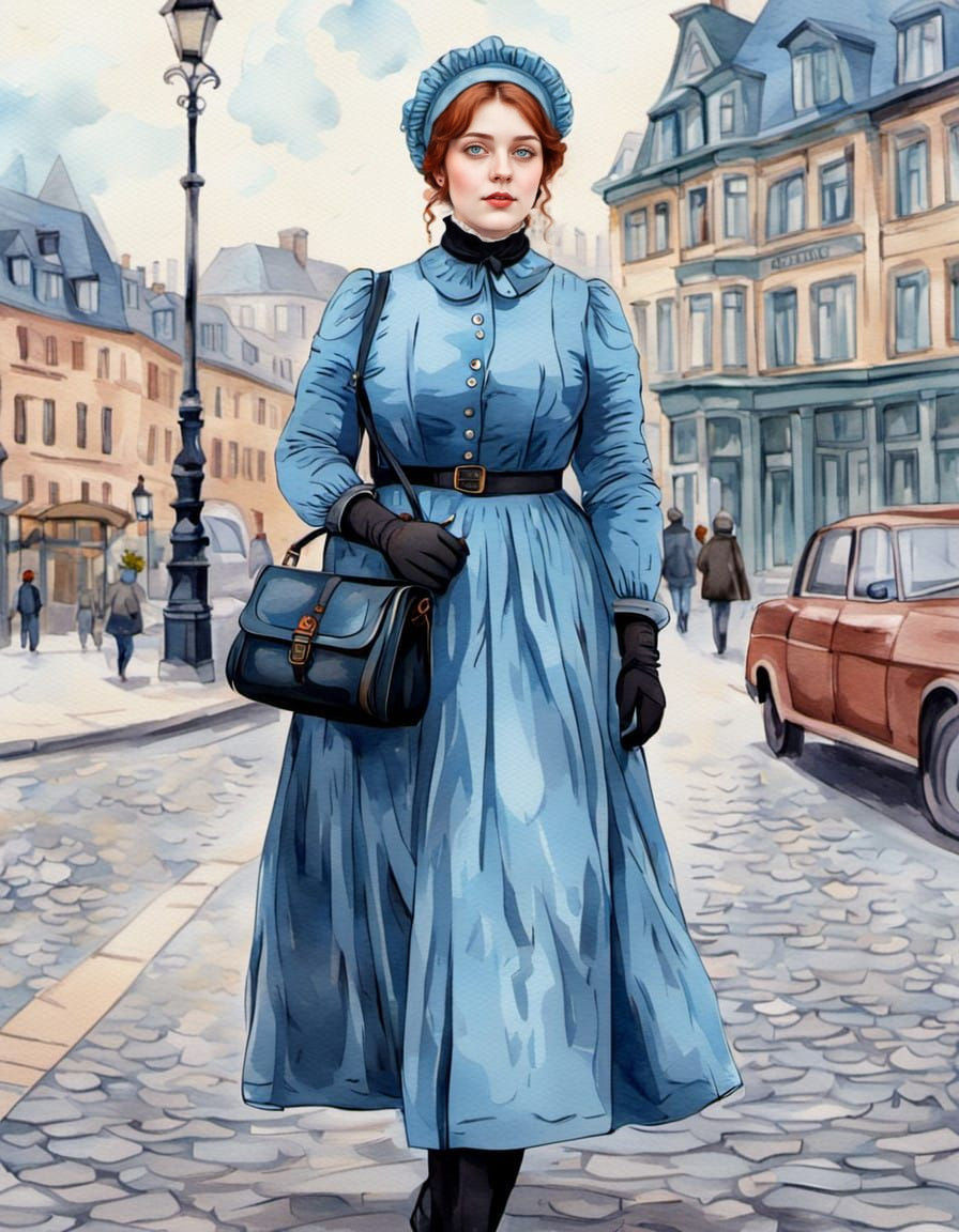 Victorian Lady Strolls Through Modern City in Watercolor