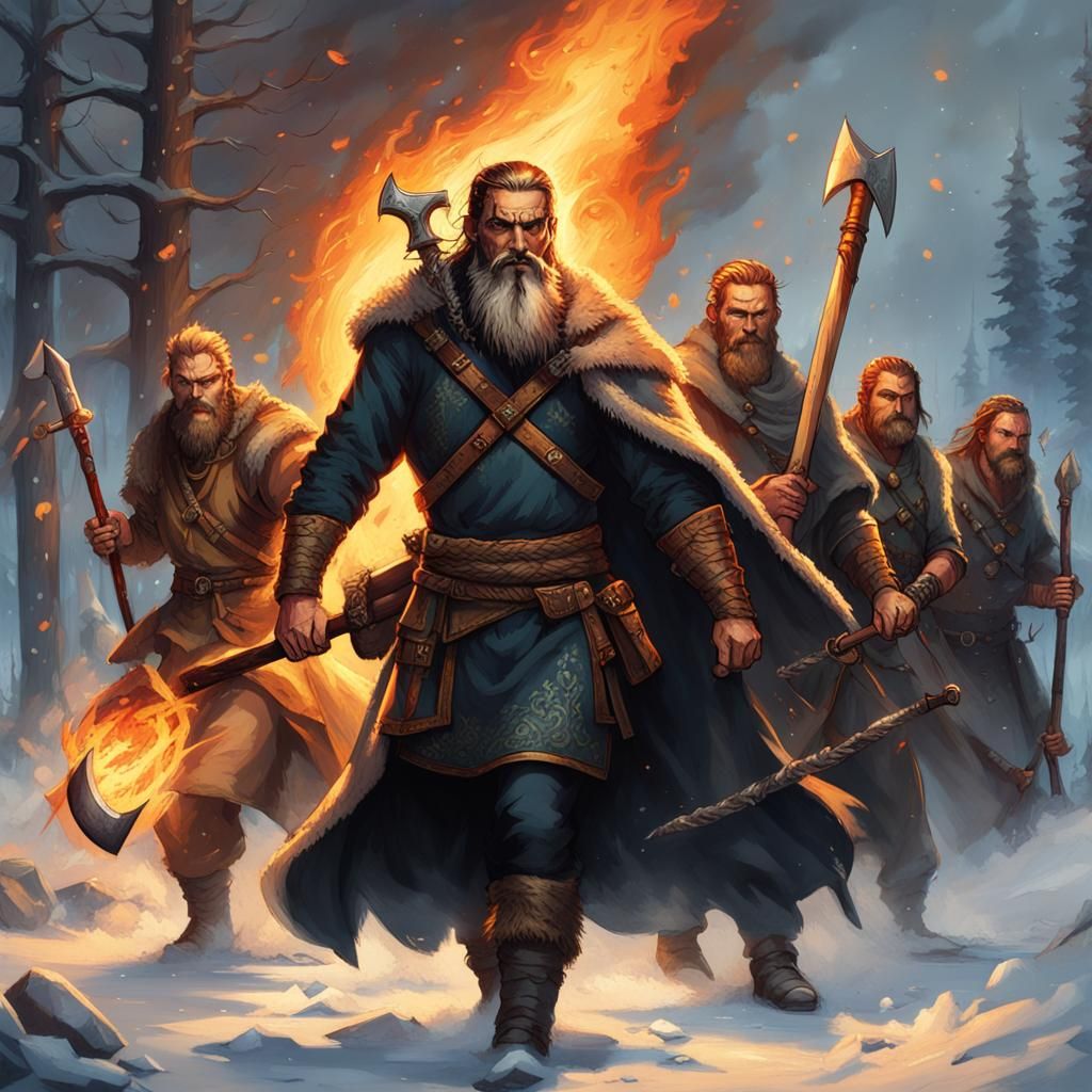 Nordic Warrior Awaits Vampire Thralls in Burning Town