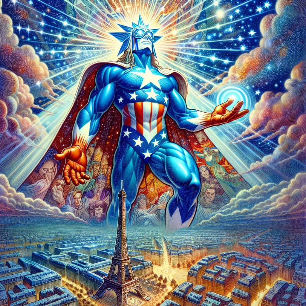 Starry Guardian Protects Paris in Vintage Comic Style