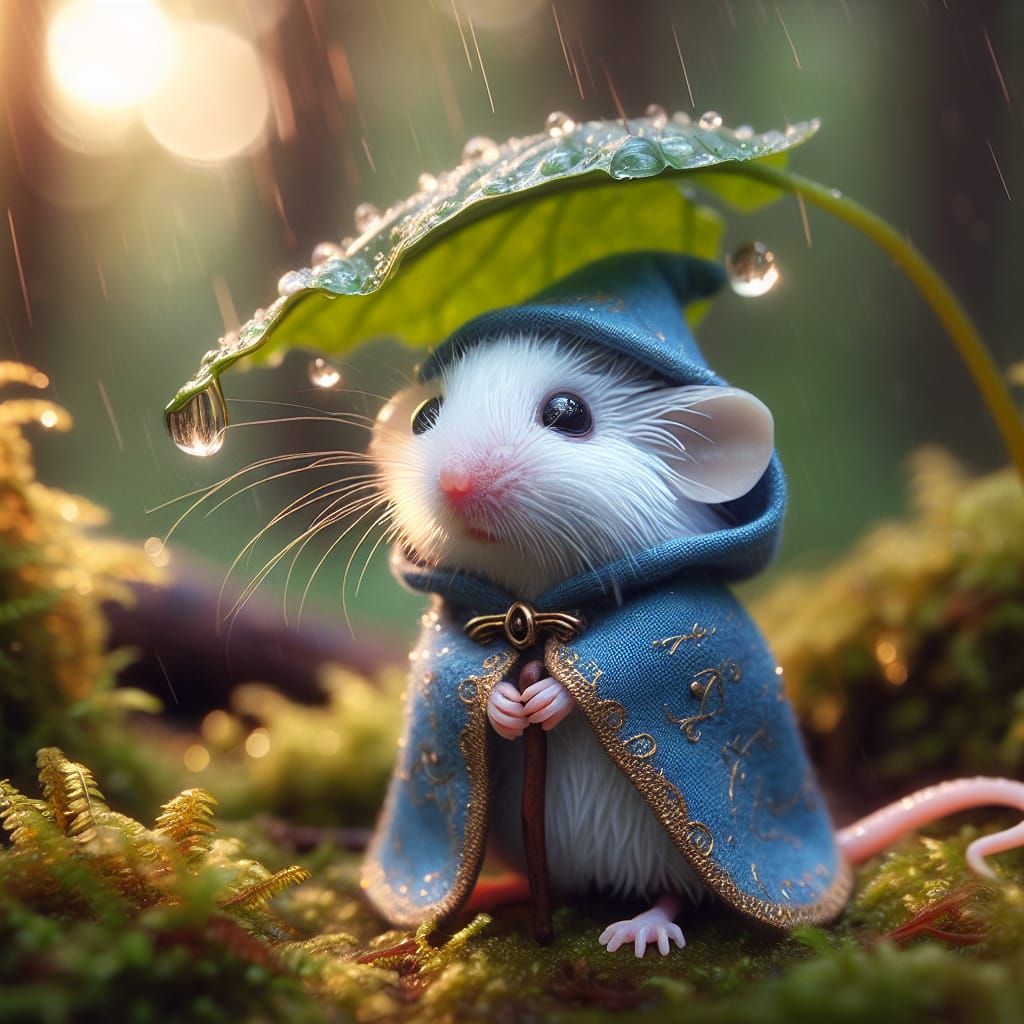 Medieval Mouse Wizard in Rainy Forest