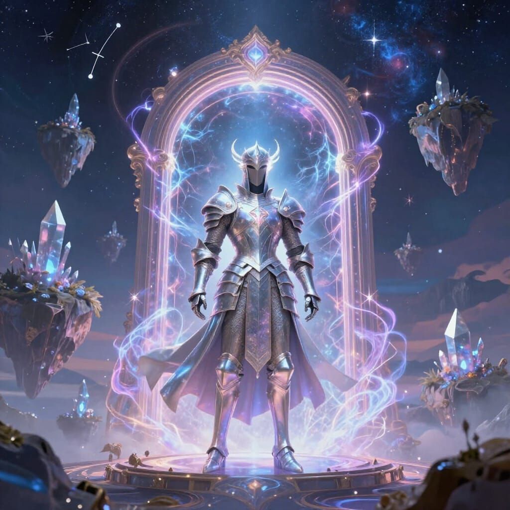 Ethereal Knight Guards Cosmic Portal in Grand Fantasy Art
