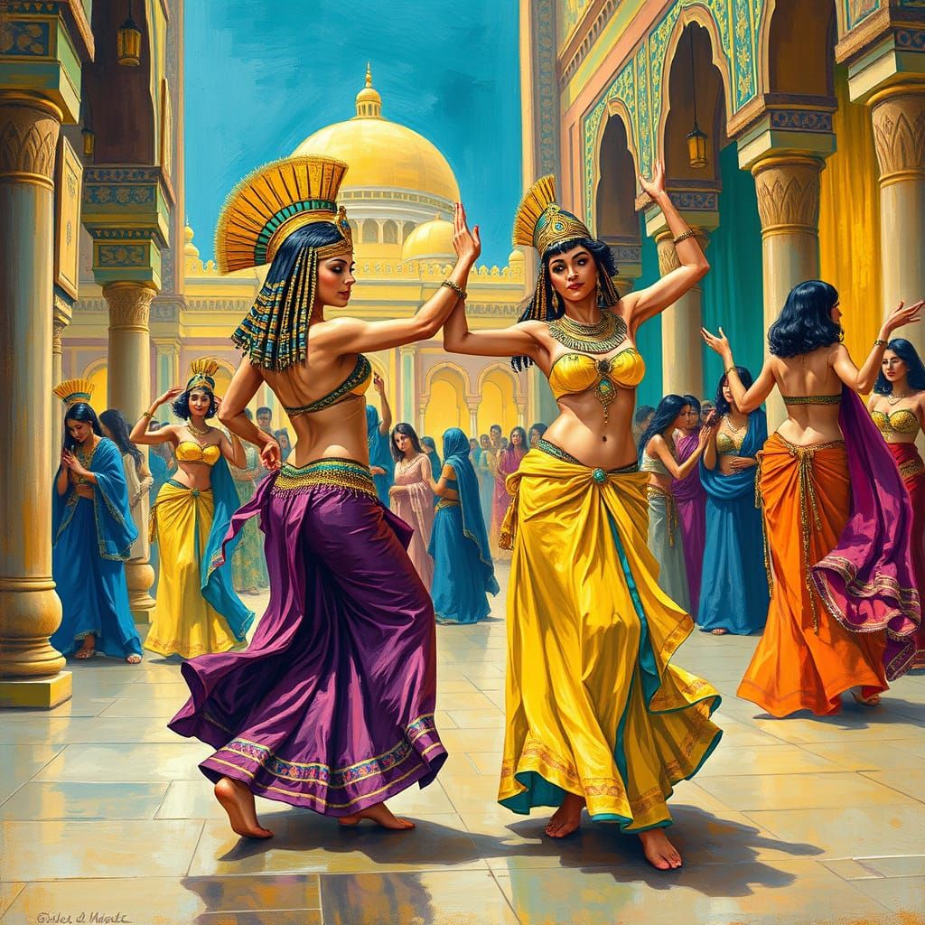 Egyptian Dancers Perform Belly Dance: Gouache-Style Painting